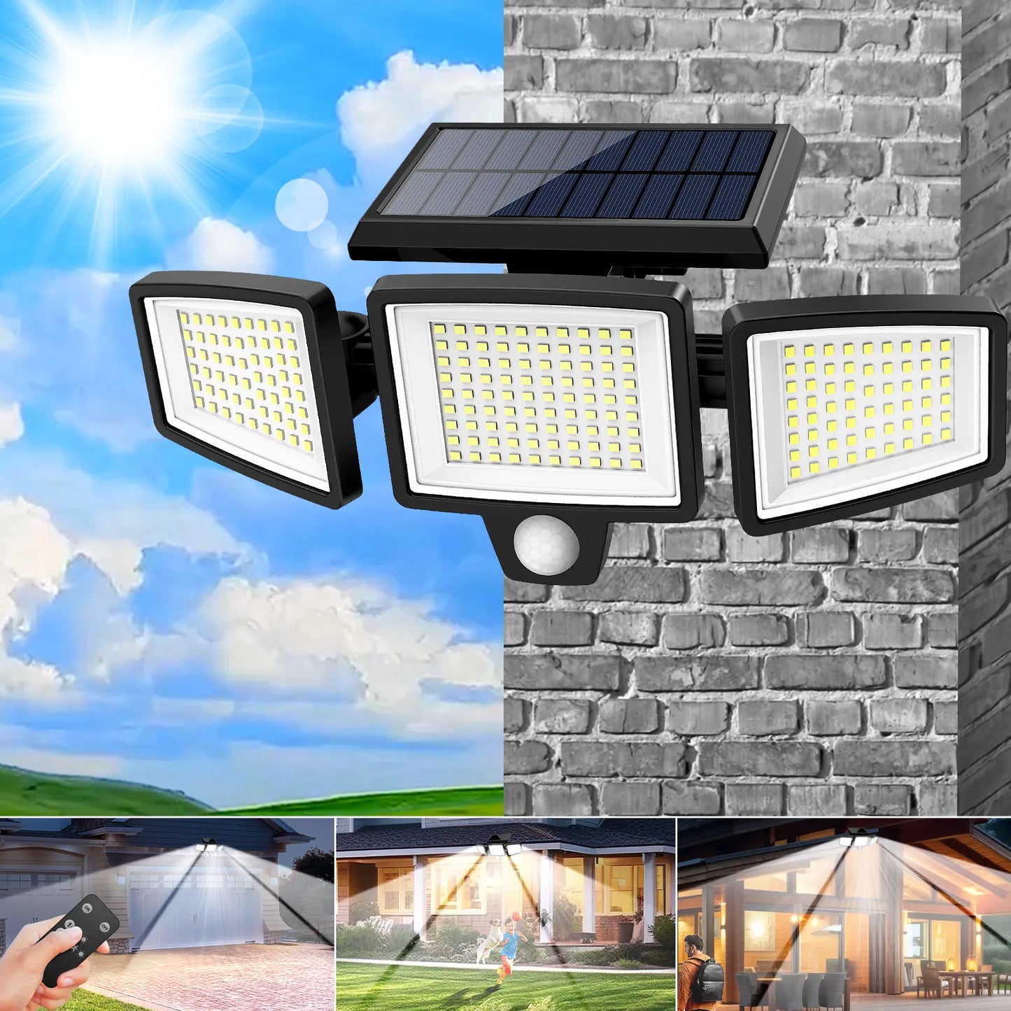 2500LM Solar Security Lights 210LED 3 Head Motion Sensor Outdoor Waterproof Light for Yard Garden Garage Porch Patio