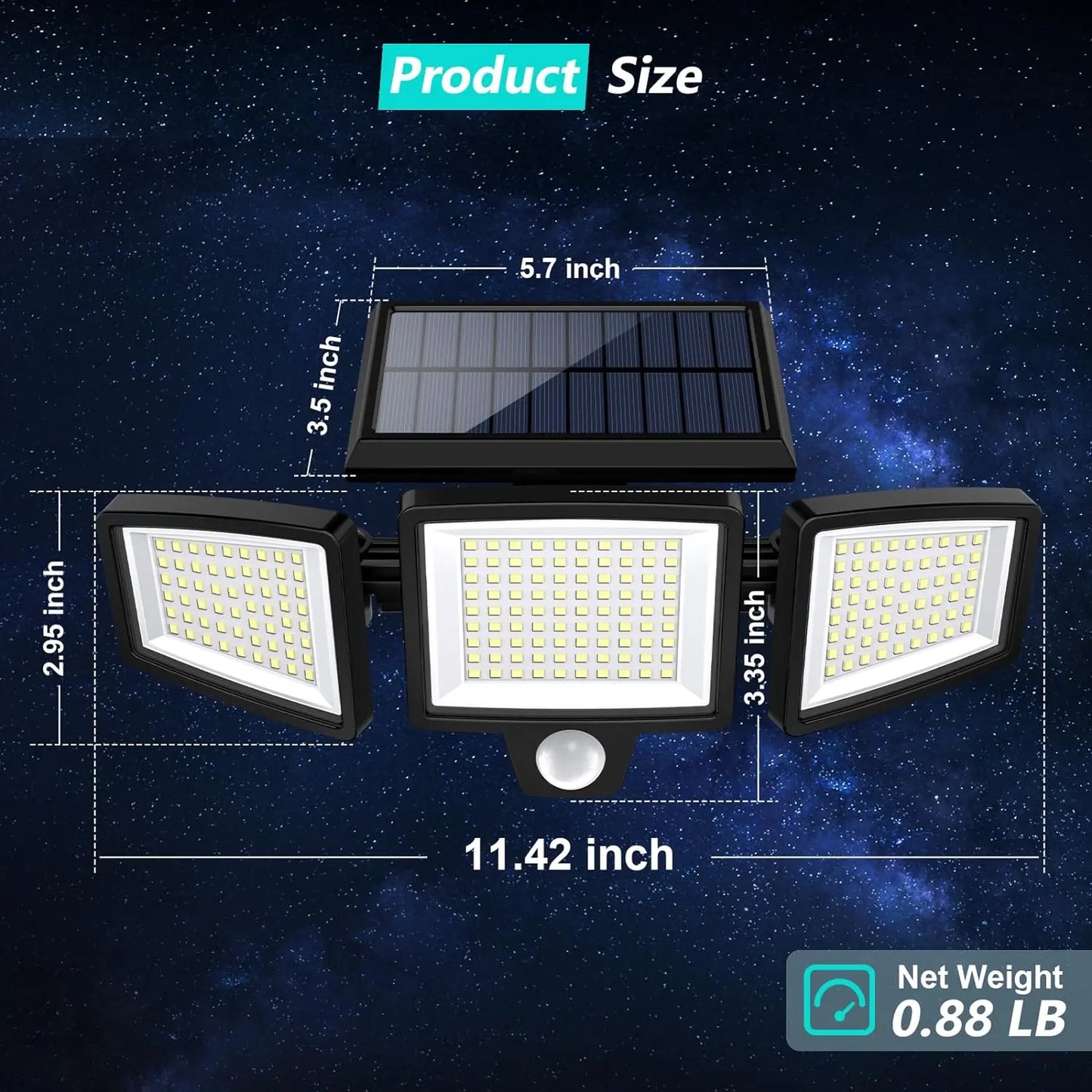 2500LM Solar Security Lights 210LED 3 Head Motion Sensor Outdoor Waterproof Light for Yard Garden Garage Porch Patio